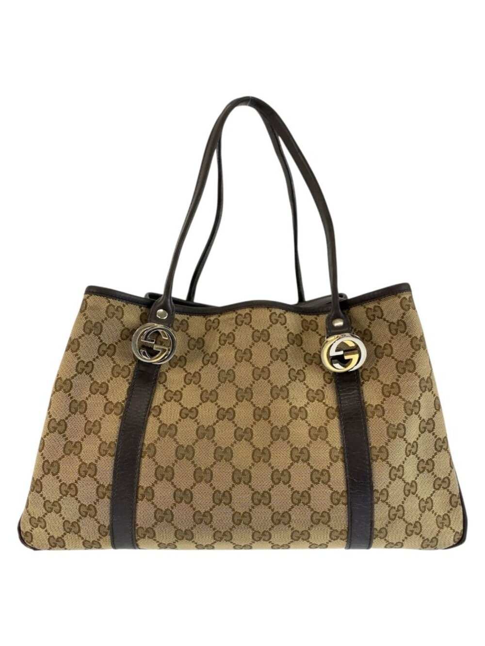 Gucci GG Twins Beige Brown Canvas Tote Shoulder Bag